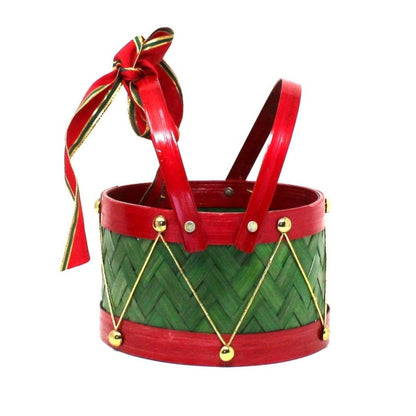 Basket, Red and Green Holiday Drum Shaped Basket with Handles, Vintage 7"