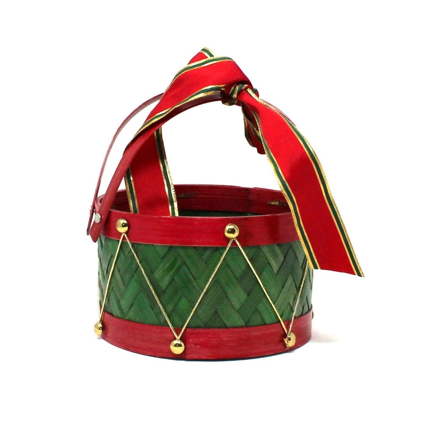 Basket, Red and Green Holiday Drum Shaped Basket with Handles, Vintage 7"