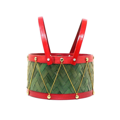 Basket, Red and Green Holiday Drum Shaped Basket with Handles, Vintage 9"
