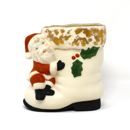 Planter / Vase, Santa with White Boot, Fine Porcelain Bisque, Hand Painted and Gilded, Vintage