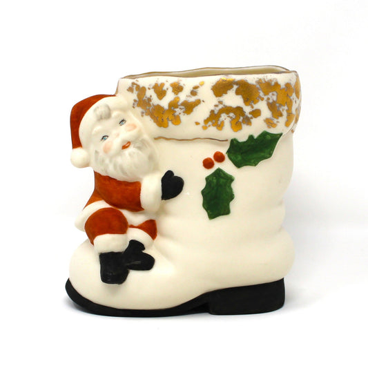 Planter / Vase, Santa with White Boot, Fine Porcelain Bisque, Hand Painted and Gilded, Vintage