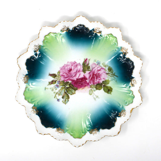 Decorative Plate, STAR Austria, Pink Roses with Turquoise, Teal Blue and Aqua, Art Nouveau, Antique