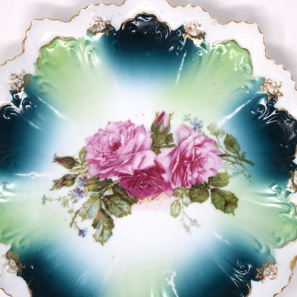 Decorative Plate, STAR Austria, Pink Roses with Turquoise, Teal Blue and Aqua, Art Nouveau, Antique