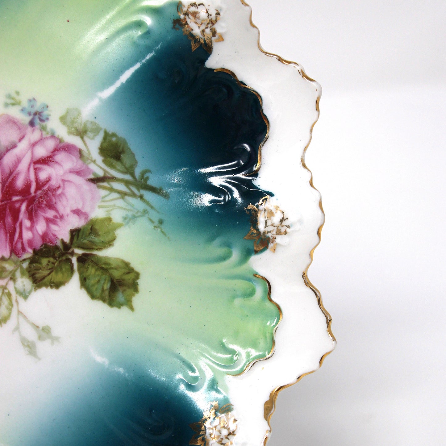 Decorative Plate, STAR Austria, Pink Roses with Turquoise, Teal Blue and Aqua, Art Nouveau, Antique