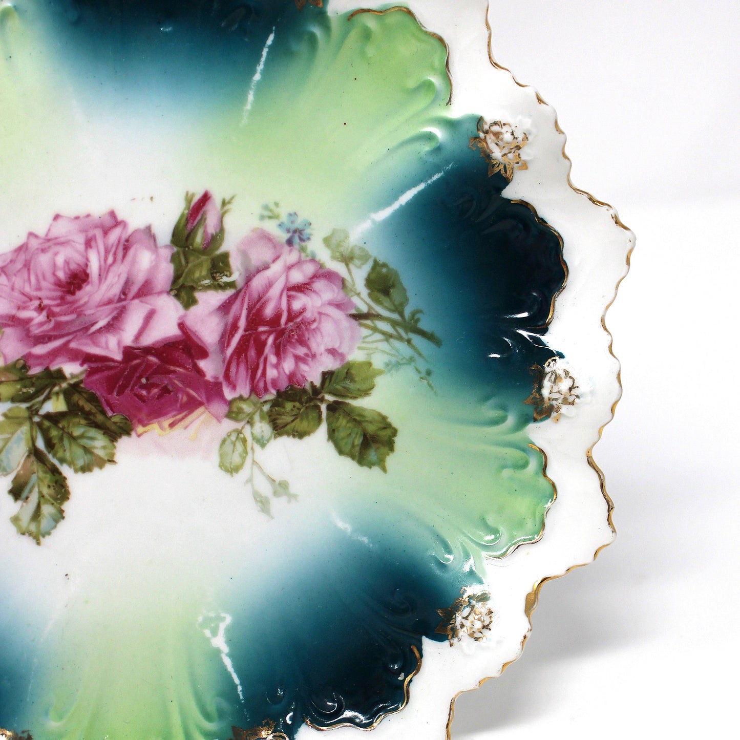 Decorative Plate, STAR Austria, Pink Roses with Turquoise, Teal Blue and Aqua, Art Nouveau, Antique