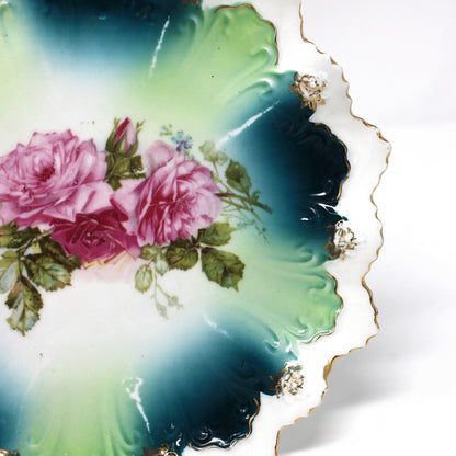 Decorative Plate, STAR Austria, Pink Roses with Turquoise, Teal Blue and Aqua, Art Nouveau, Antique