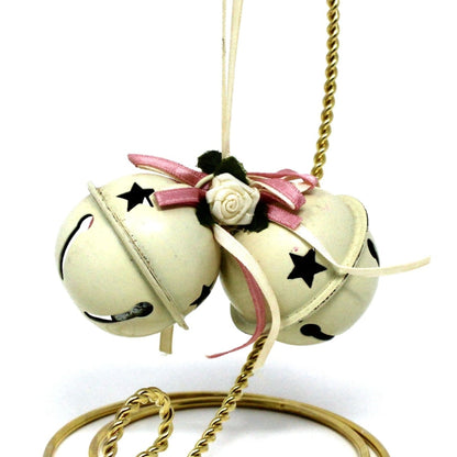Ornament, Christmas White Sleigh Bells, Hand Decorated