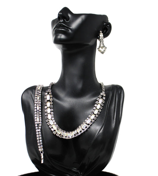 Necklace, Bracelet and Earrings Set Parure, Crystal Rhinestones Jewelry, 1950's, Prong Set, Vintage