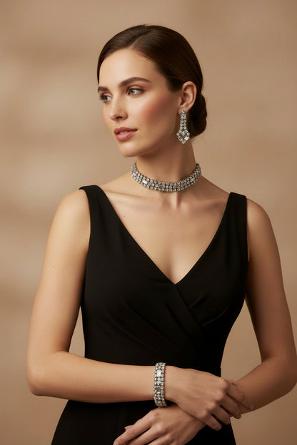 Parure, Collar Necklace, Bracelet & Chandelier Earrings, Crystal Rhinestones, Baguette & Square Cut, Prong Set, Silver Tone, Vintage 1950s–1960s