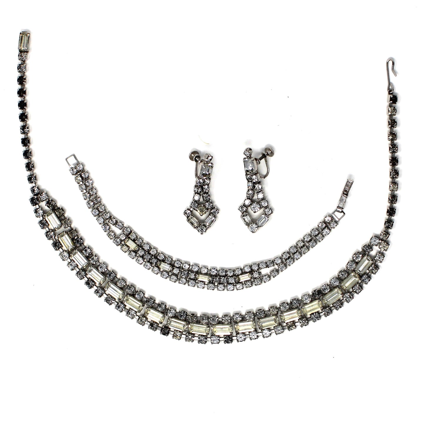 Necklace, Bracelet and Earrings Set Parure, Crystal Rhinestones Jewelry, 1950's, Prong Set, Vintage
