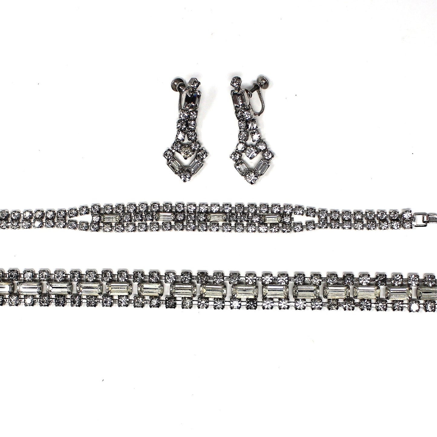 Necklace, Bracelet and Earrings Set Parure, Crystal Rhinestones Jewelry, 1950's, Prong Set, Vintage