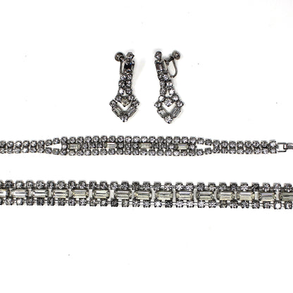 Necklace, Bracelet and Earrings Set Parure, Crystal Rhinestones Jewelry, 1950's, Prong Set, Vintage