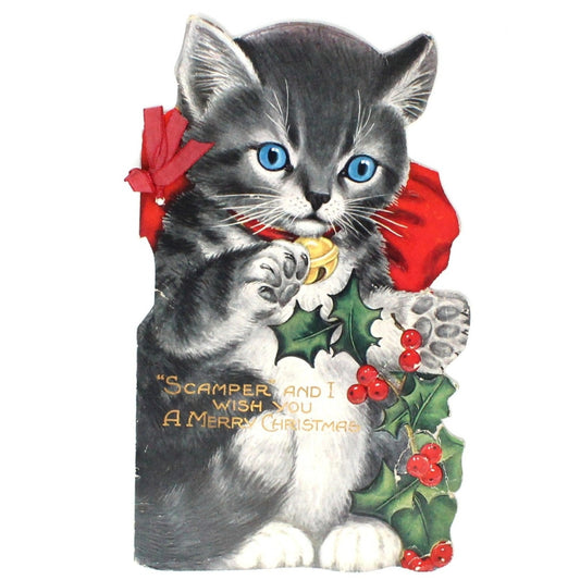 Greeting Card / Christmas, Die Cut 1920's Scamper Cat, Kitten Christmas Christmas Story Book Card, Antique