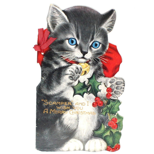 Greeting Card / Christmas, Die Cut 1920's Scamper Cat, Kitten Christmas Story Book Card, Antique, SOLD