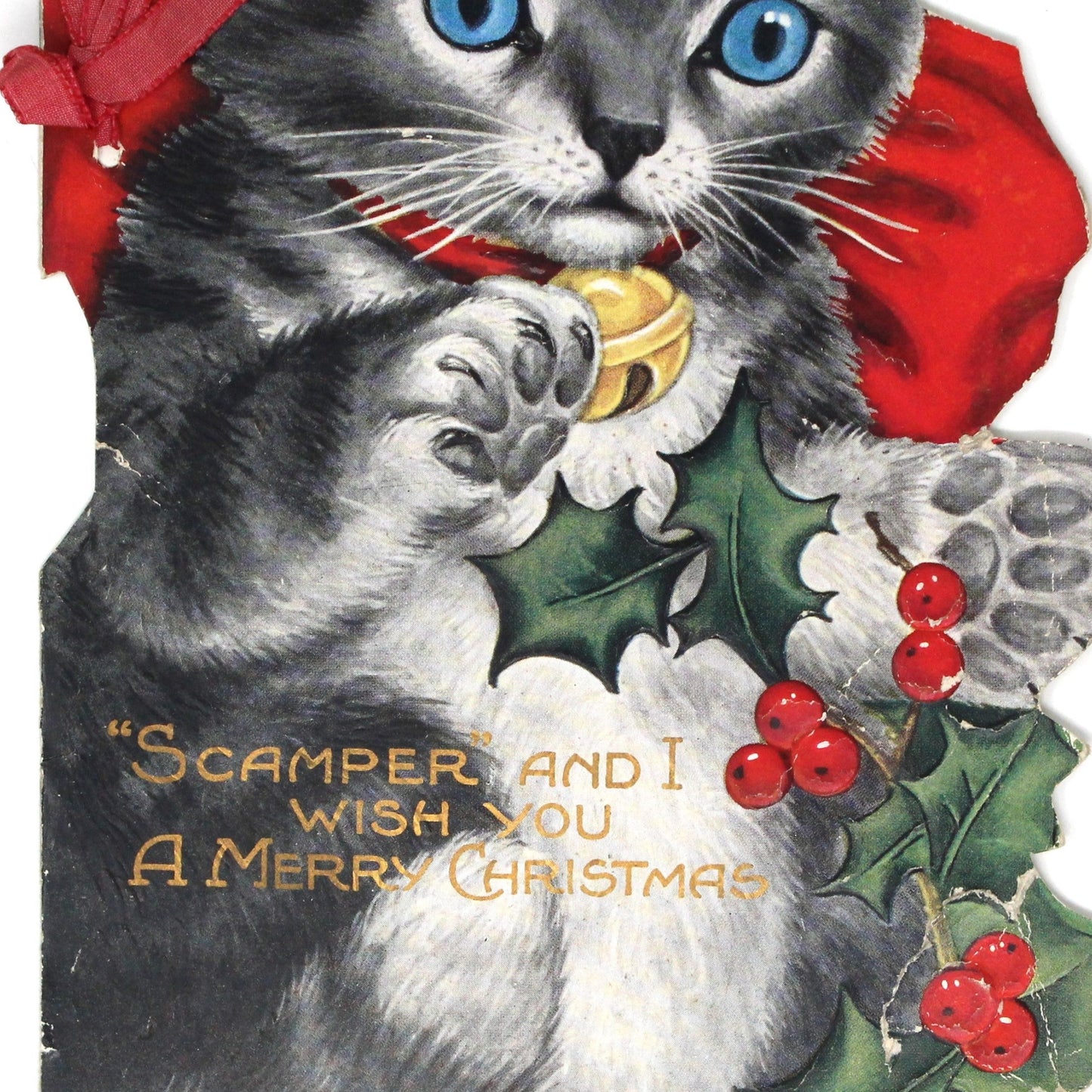 Greeting Card / Christmas, Die Cut 1920's Scamper Cat, Kitten Christmas Story Book Card, Antique, SOLD