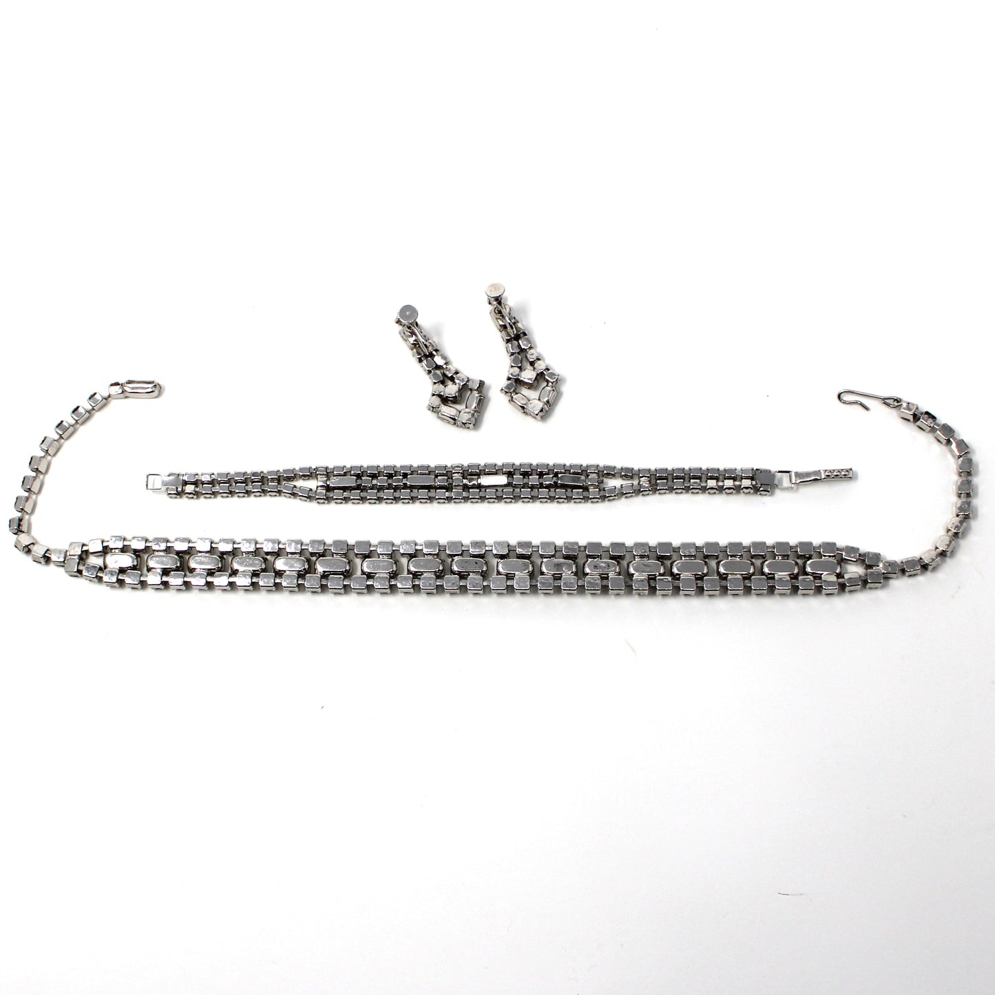 Necklace, Bracelet and Earrings Set Parure, Crystal Rhinestones Jewelry, 1950's, Prong Set, Vintage