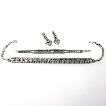 Necklace, Bracelet and Earrings Set Parure, Crystal Rhinestones Jewelry, 1950's, Prong Set, Vintage