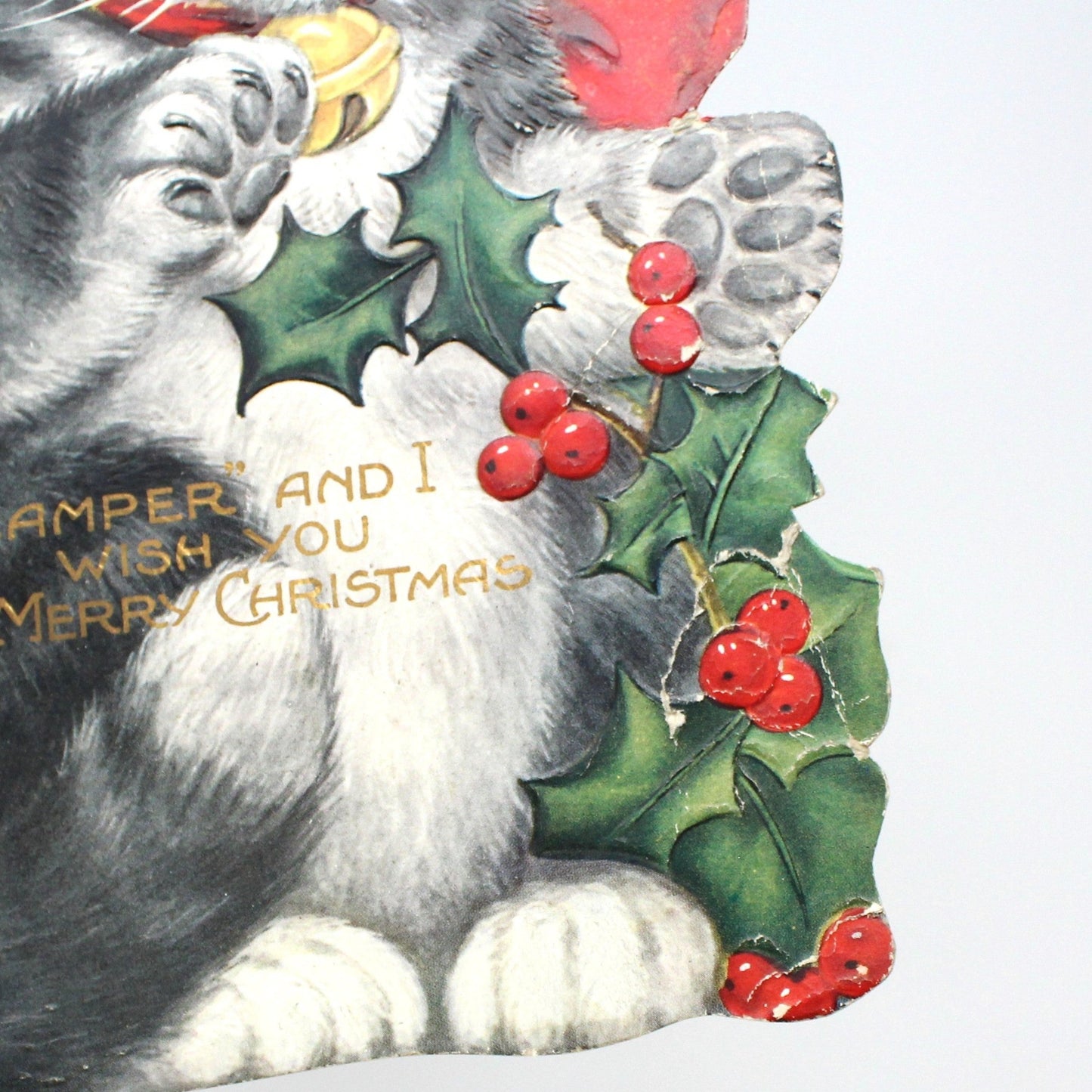 Greeting Card / Christmas, Die Cut 1920's Scamper Cat, Kitten Christmas Story Book Card, Antique, SOLD