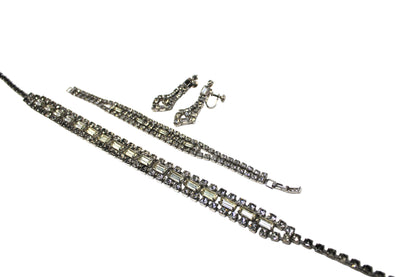 Necklace, Bracelet and Earrings Set Parure, Crystal Rhinestones Jewelry, 1950's, Prong Set, Vintage