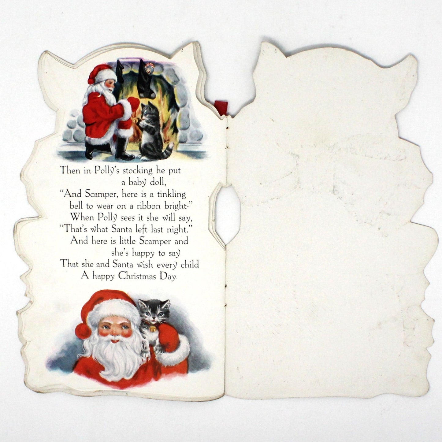 Greeting Card / Christmas, Die Cut 1920's Scamper Cat, Kitten Christmas Christmas Story Book Card, Antique