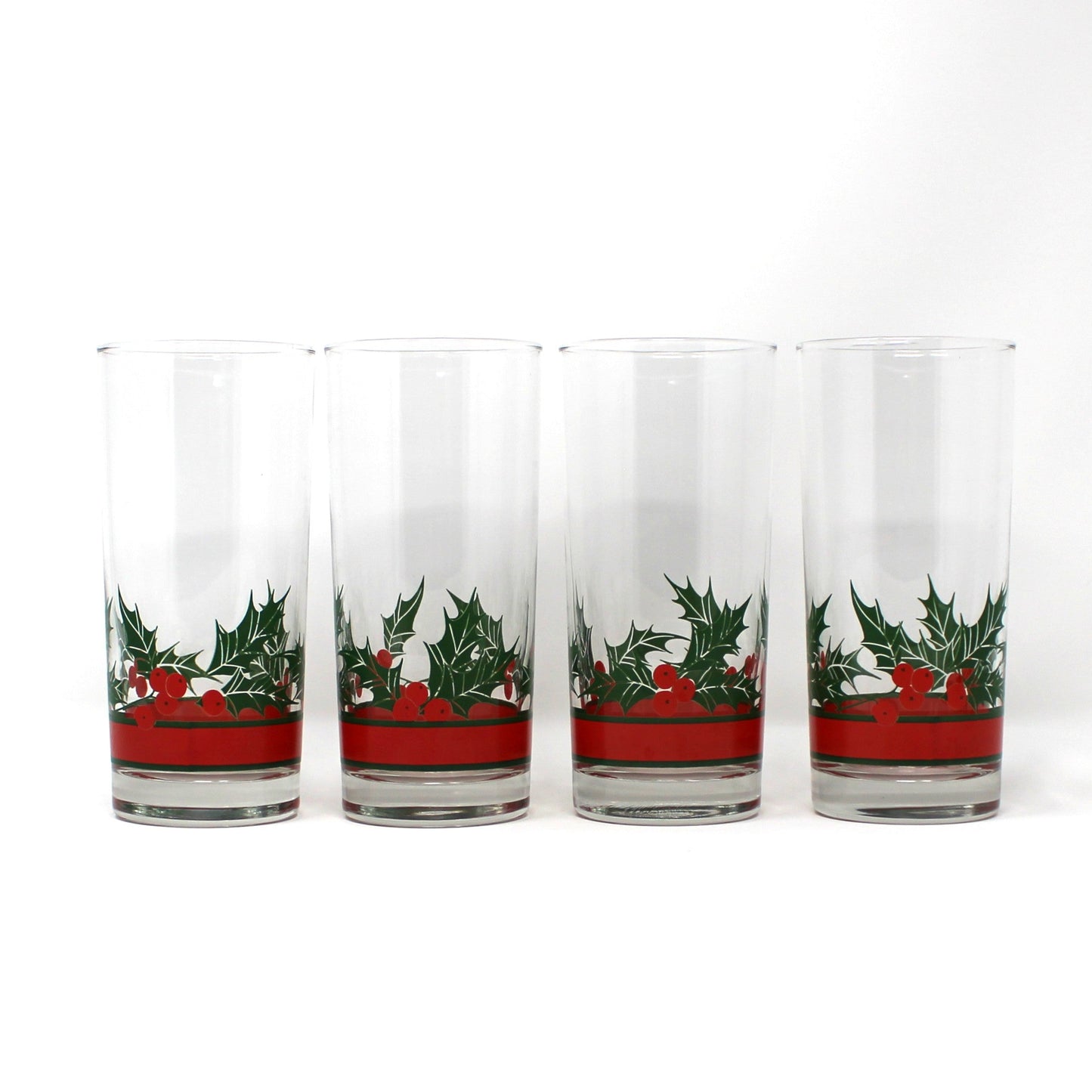 Glasses, Cocktail / Highball, Libbey, Holly & Berries Christmas Holidays Coolers, Blown Glass, Set of 4, Vintage