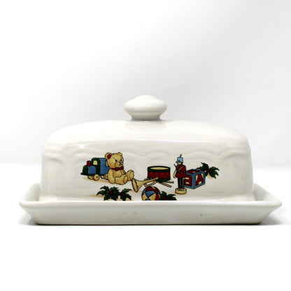 Butter Dish, Christmas Toys Design Covered Butter with Underplate, Ceramic, Vintage, 1980's