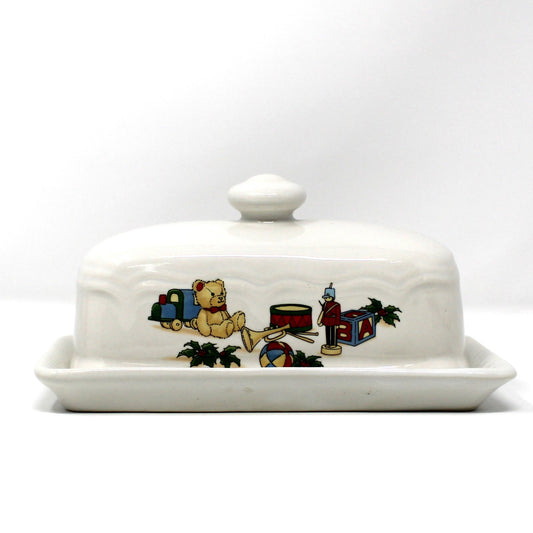 Butter Dish, Christmas Toys Design Covered Butter with Underplate, Ceramic, Vintage, 1980's