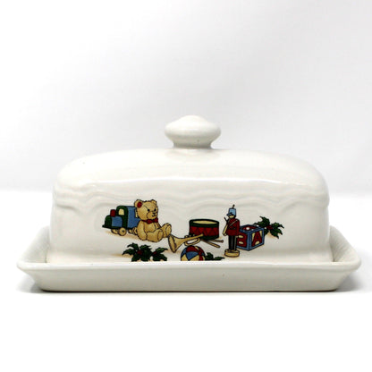 Butter Dish, Christmas Toys Design Covered Butter with Underplate, Ceramic, Vintage, 1980's