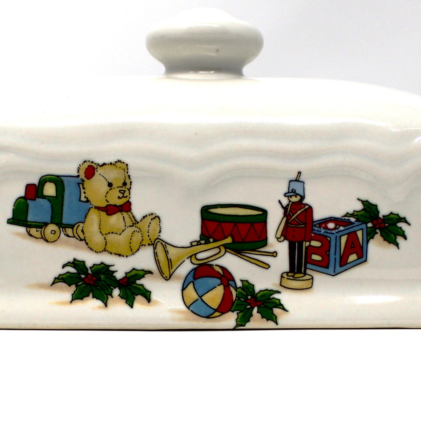 Butter Dish, Christmas Toys Design Covered Butter with Underplate, Ceramic, Vintage, 1980's