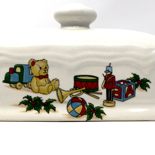 Butter Dish, Christmas Toys Design Covered Butter with Underplate, Ceramic, Vintage, 1980's