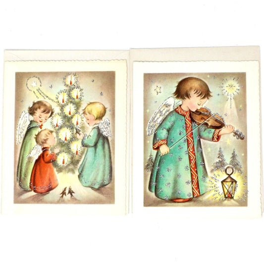Greeting Card / Christmas Card, Angels with Candle Light Tree / Angel with Violin, Original Vintage Set of 2, Coronet