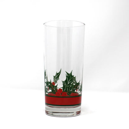 Glasses, Cocktail / Highball, Libbey, Holly & Berries Christmas Holidays Coolers, Blown Glass, Set of 4, Vintage