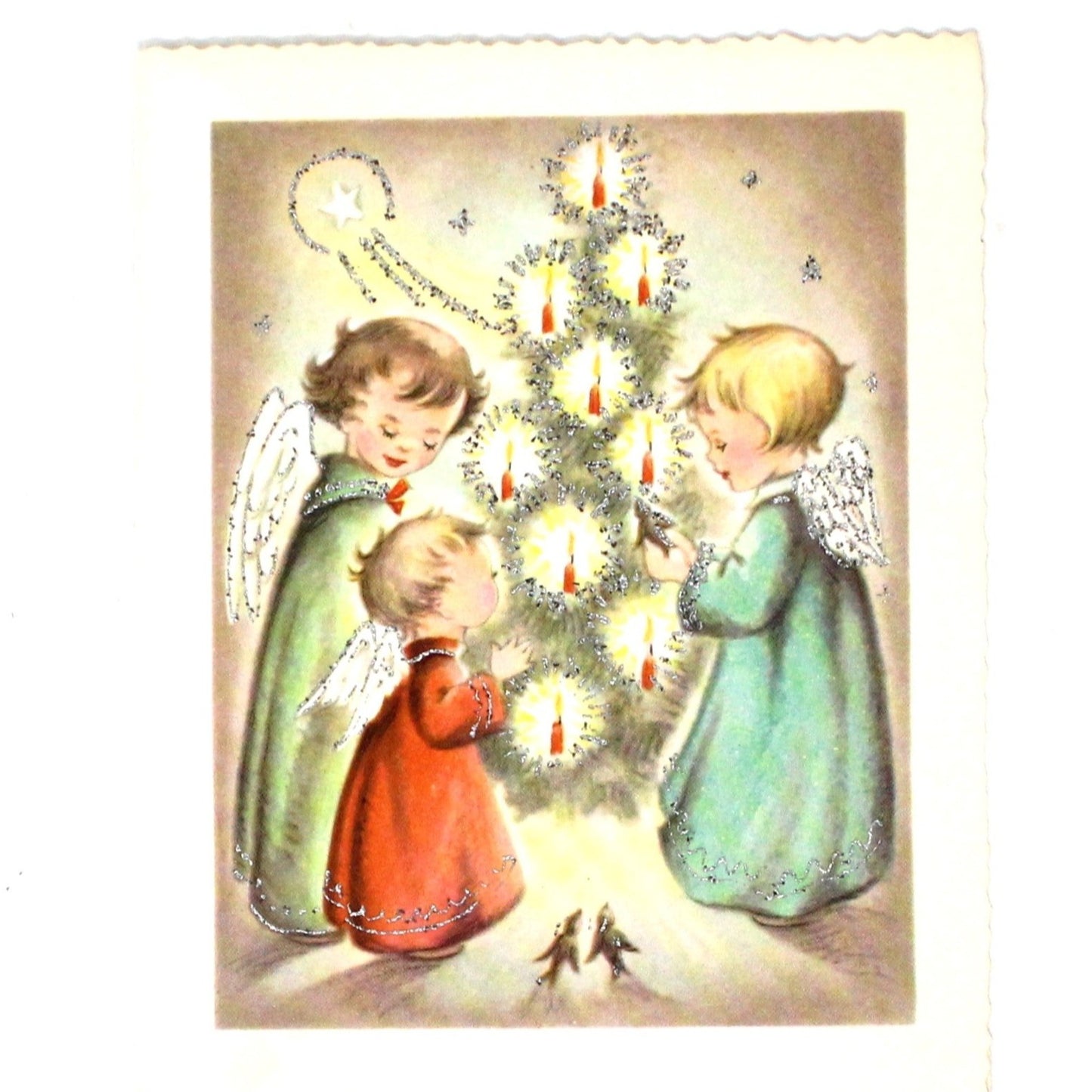 Greeting Card / Christmas Card, Angels with Candle Light Tree / Angel with Violin, Original Vintage Set of 2, Coronet