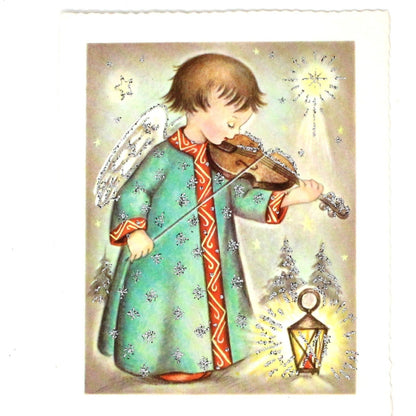Greeting Card / Christmas Card, Angels with Candle Light Tree / Angel with Violin, Original Vintage Set of 2, Coronet