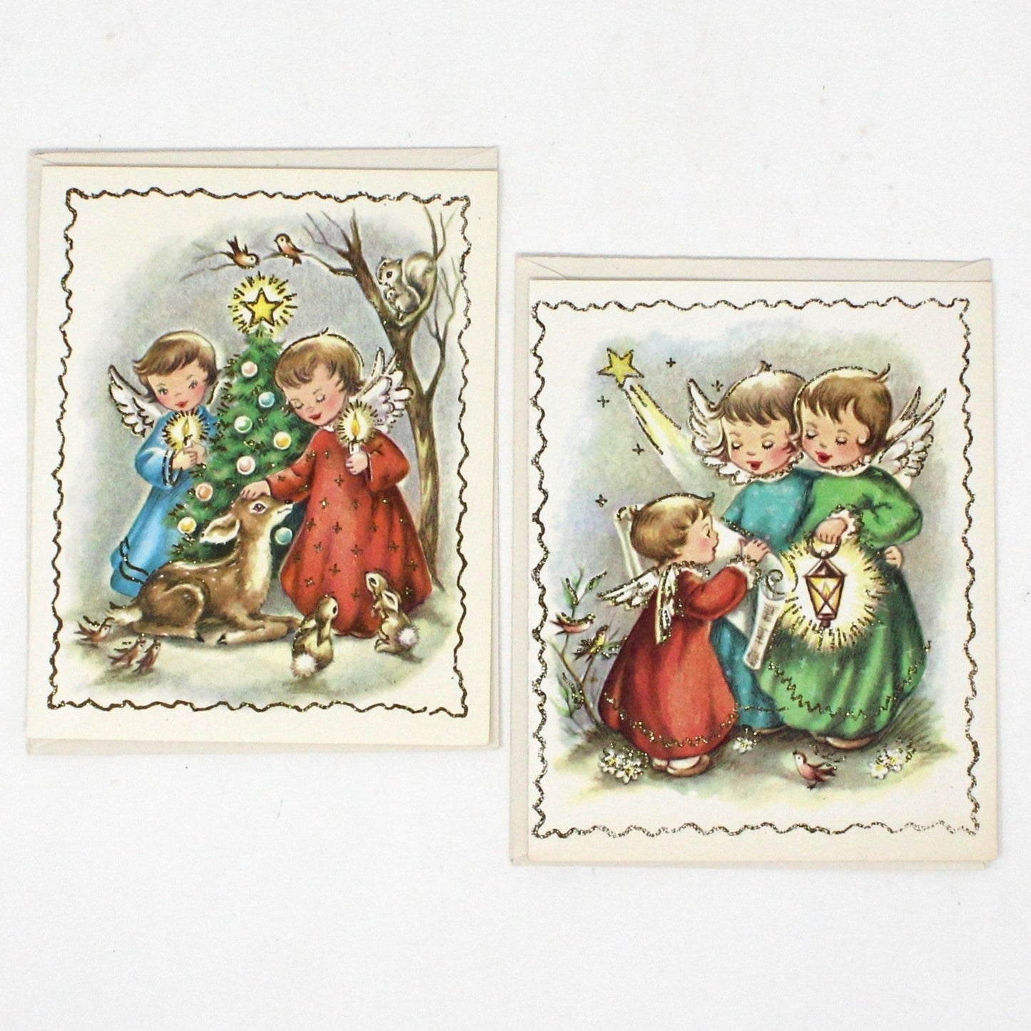 Greeting Card / Christmas Card, Angels in Forest with Deer, Original Vintage Set of 2, Regency