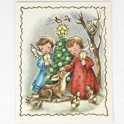 Greeting Card / Christmas Card, Angels in Forest with Deer, Original Vintage Set of 2, Regency