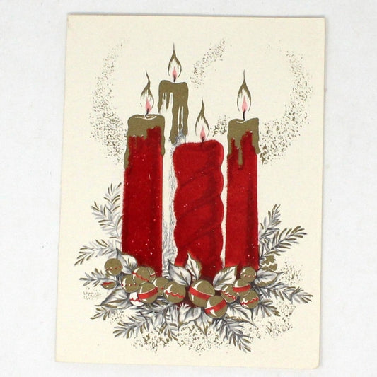 Greeting Card / Christmas Card, Red Flocked Candles With Glitter & Golden Ornaments, Original Vintage Coronation