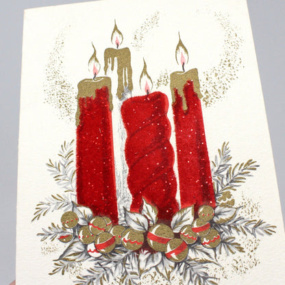 Greeting Card / Christmas Card, Red Flocked Candles, Glitter & Gilded, Unused with Envelope, Original Coronation, Vintage