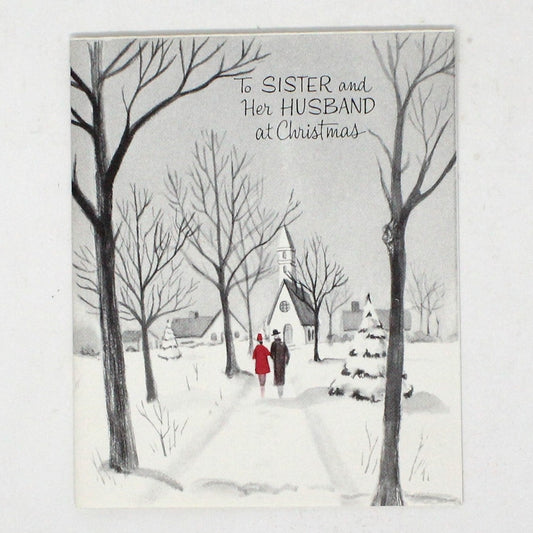 Greeting Card / Christmas Card, Sister & Husband, Walking to Church, Unused with Envelope, Original Stanley, Vintage