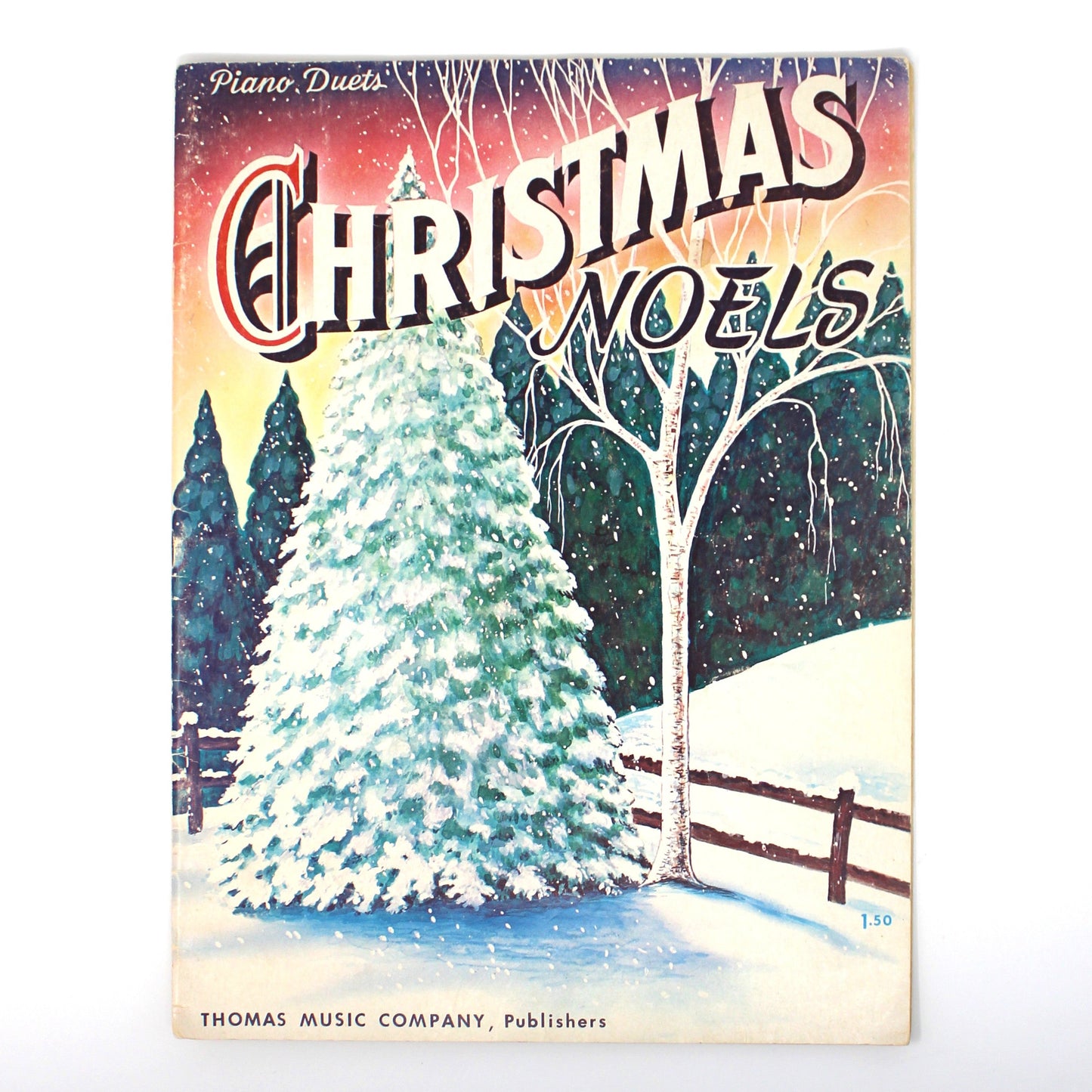Vintage Christmas Noels sheet music cover with a snowy tree and fence illustration.  Songbook, Piano Duet Christmas Carols, Mid Century Ephemera, Collectibles, Softcover, Musical Books 