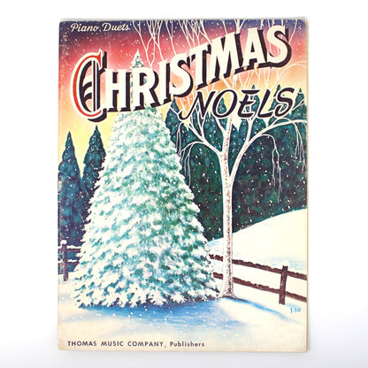 Vintage Christmas Noels sheet music cover with a snowy tree and fence illustration.  Songbook, Piano Duet Christmas Carols, Mid Century Ephemera, Collectibles, Softcover, Musical Books 