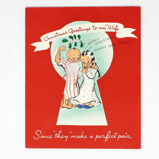 Greeting Card / Christmas Card, Wife, Old Couple, Real Feather Beard, Unused with Envelope, Original Volland, Vintage