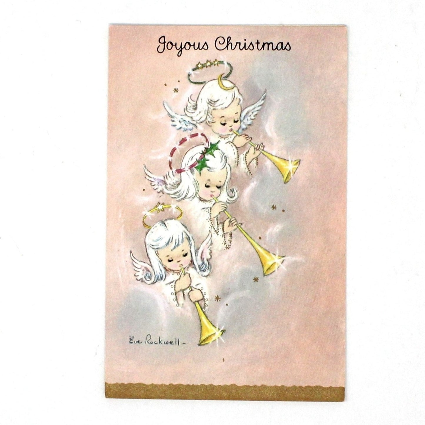 Greeting Card / Christmas Card, Angels with Trumpets/ Praying, Gilded, Unused with Envelope, Original Vintage, Set of 2