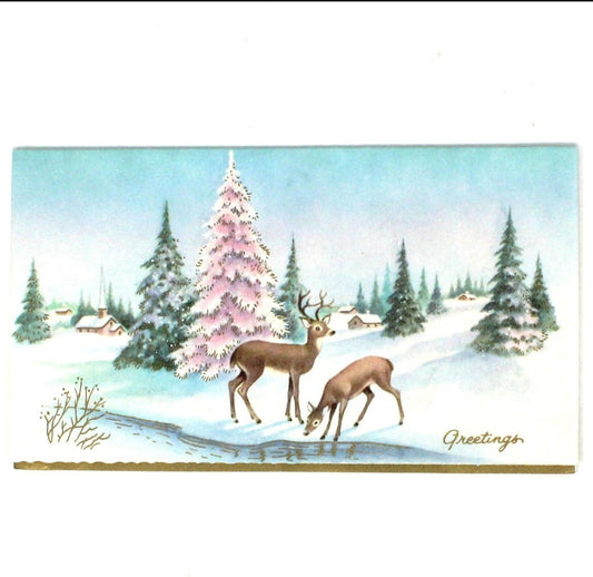 Greeting Card / Christmas Card, Vintage Two Reindeer by Pink Christmas Tree, w/Envelope