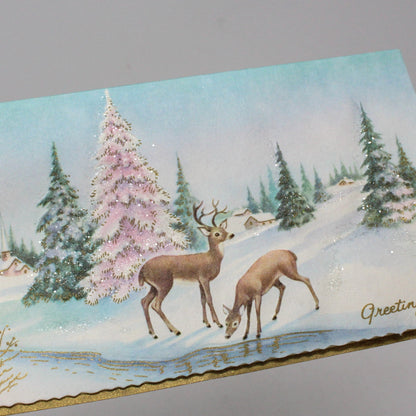 Greeting Card / Christmas Card, Reindeers Winter Scene Pink Christmas Tree, Linen, Glitter, Unused with Envelope, Original Vintage, SOLD