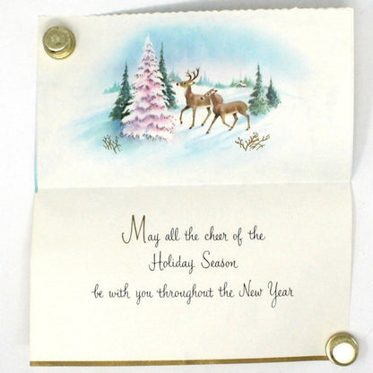 Greeting Card / Christmas Card, Reindeers Winter Scene Pink Christmas Tree, Linen, Glitter, Unused with Envelope, Original Vintage, SOLD