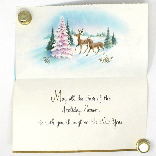 Greeting Card / Christmas Card, Reindeers Winter Scene Pink Christmas Tree, Linen, Glitter, Unused with Envelope, Original Vintage, SOLD