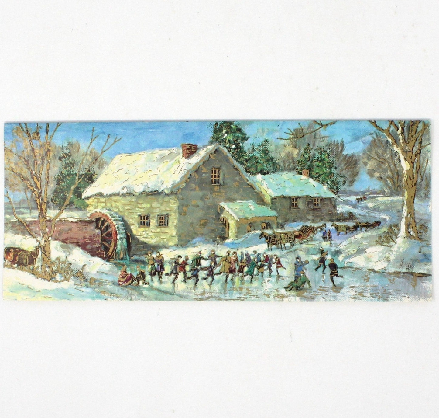 Greeting Card / Christmas Card, Victorian Ice Skaters by Water Mill, Unused with Envelope, Original Design by Brook, Vintage