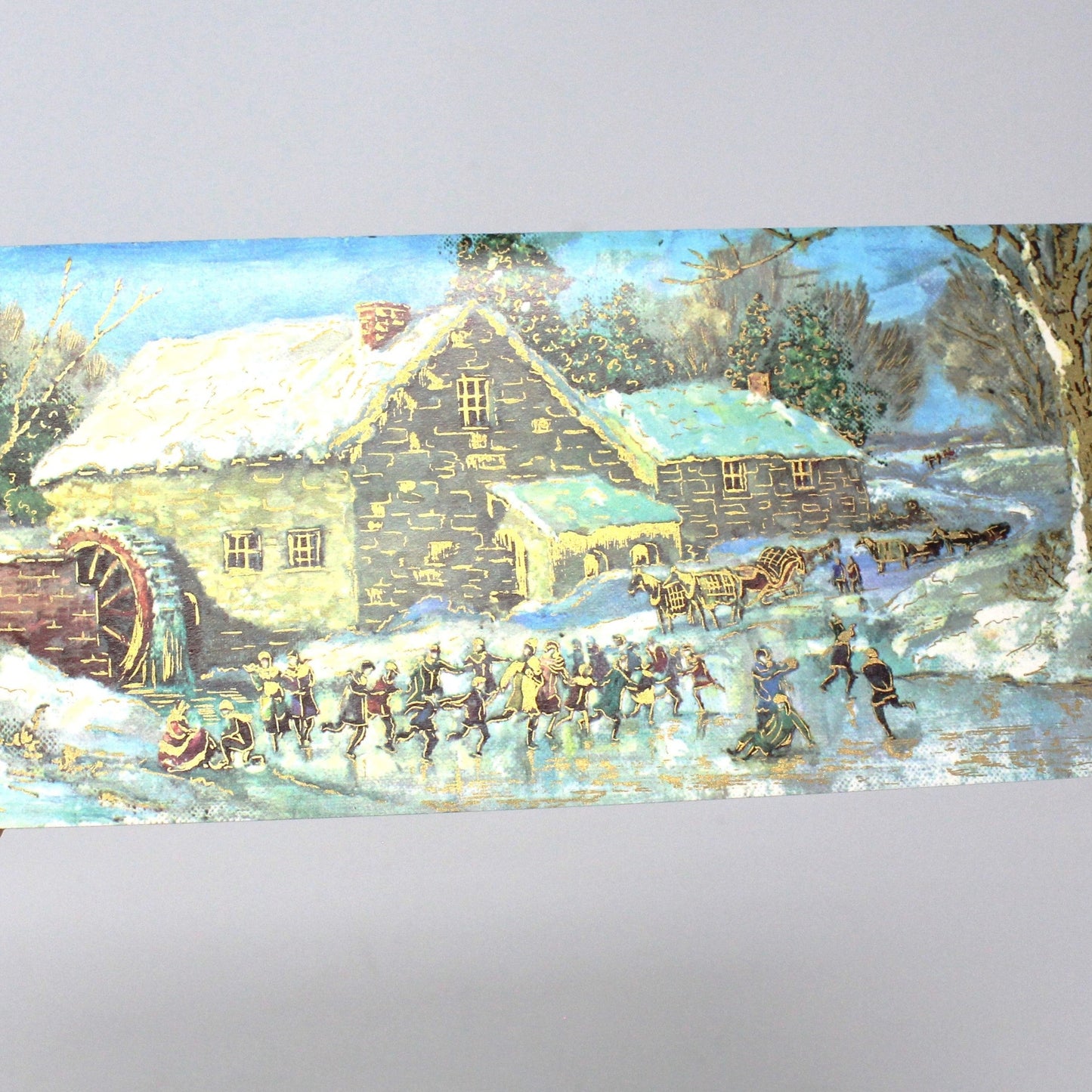 Greeting Card / Christmas Card, Victorian Ice Skaters by Water Mill, Unused with Envelope, Original Design by Brook, Vintage
