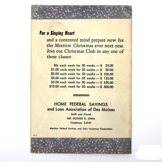 Songbook / Lead Sheet, Christmas Carols, Savings Club, Singing Girl Holding Candle, Vintage Promotional Item